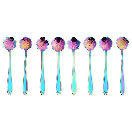 8X Spoon Long Handle Dessert Tea Coffee Mixing Spoon Stainless Steel Teaspoon - Rainbow.