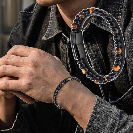 Tiger Eye Natural Stone Beaded Bracelet Women Men Elasticity Bangle hand Jewelry - Red Tiger Eye.