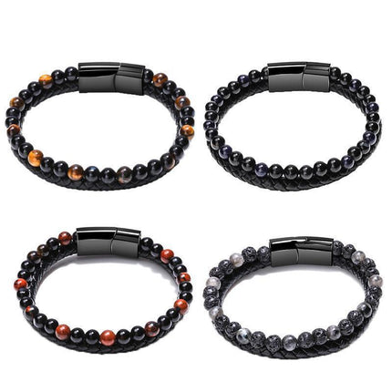 Tiger Eye Natural Stone Beaded Bracelet Women Men Elasticity Bangle hand Jewelry - Grey Lava.