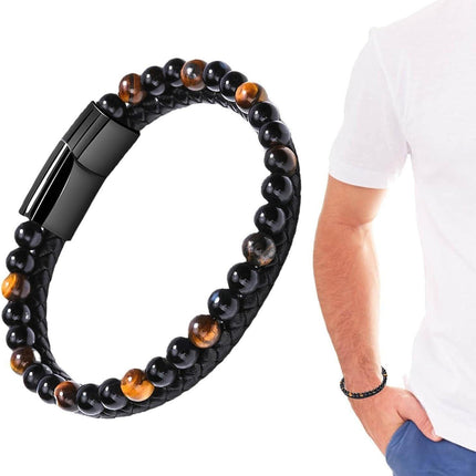 Tiger Eye Natural Stone Beaded Bracelet Women Men Elasticity Bangle hand Jewelry - Blue Stone.