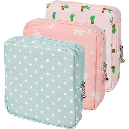 3PCS Cotton Sanitary Napkin Storage Bag Pink Leaves Cactus Dots Portable Pouch.