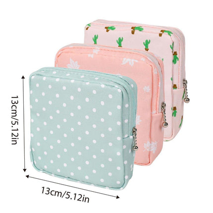 3PCS Cotton Sanitary Napkin Storage Bag Pink Leaves Cactus Dots Portable Pouch.