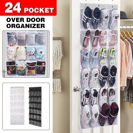 24 Pocket Shoe Organiser Bag Over Door Holder Hanging Shelf Storage Rack Hooks - White.