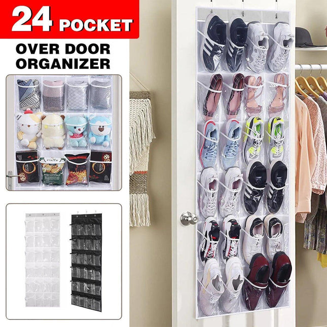 24 Pocket Shoe Organiser Bag Over Door Holder Hanging Shelf Storage Rack Hooks - White.