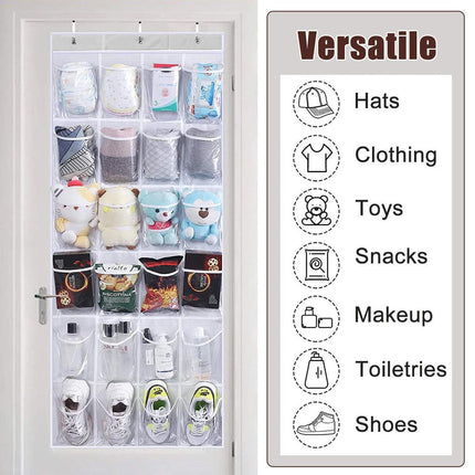 24 Pocket Shoe Organiser Bag Over Door Holder Hanging Shelf Storage Rack Hooks - White.