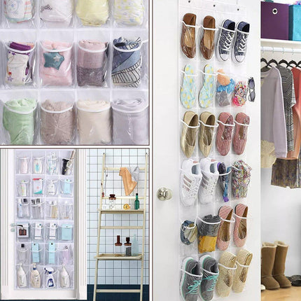 24 Pocket Shoe Organiser Bag Over Door Holder Hanging Shelf Storage Rack Hooks - White.