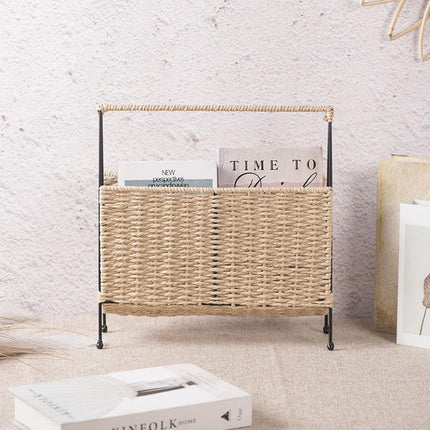 Natural Handwoven Magazine Rack Tabletop Bookshelf Newspaper Storage Basket.