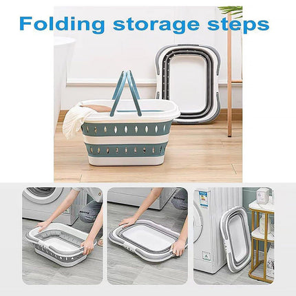 Large Folding Laundry Basket Plastic Dirty Clothes Hamper Blue Bathroom Storage - Blue.