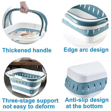 Large Folding Laundry Basket Plastic Dirty Clothes Hamper Blue Bathroom Storage - Blue.