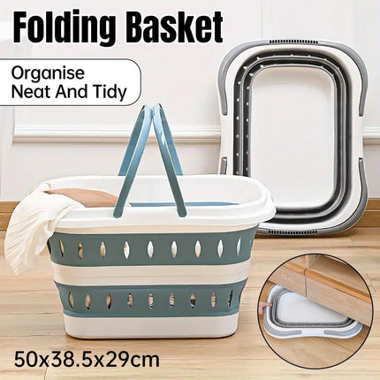 Large Folding Laundry Basket Plastic Dirty Clothes Hamper Blue Bathroom Storage - Grey.