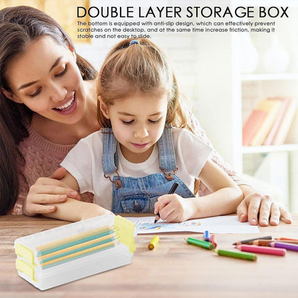 3PCS Clear Plastic Desktop Storage Box 2 Layer Holder DIY Stationery Pencil Case - Yellow.