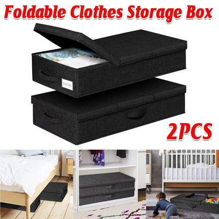 2PCS Black Foldable Storage Box Underbed with Lid Fabric Wardrobe Organizers.