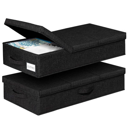 2PCS Black Foldable Storage Box Underbed with Lid Fabric Wardrobe Organizers.