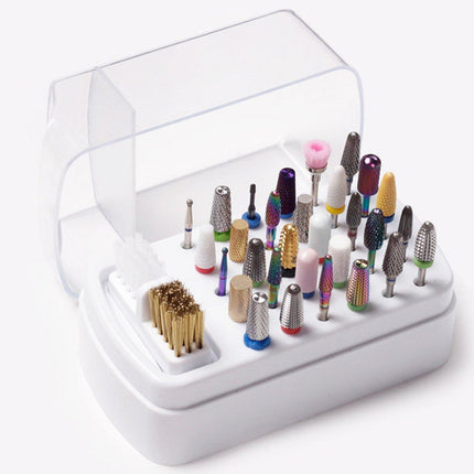 Nail Drill Bit Holder 30 Hole Dustproof Organizer Display Storage Box Nail Tool - White.