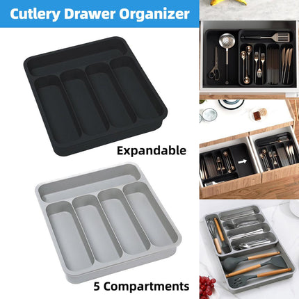 Expandable Cutlery Drawer Organizer Adjustable 6 Slot Kitchen Utensil Tray - Grey.