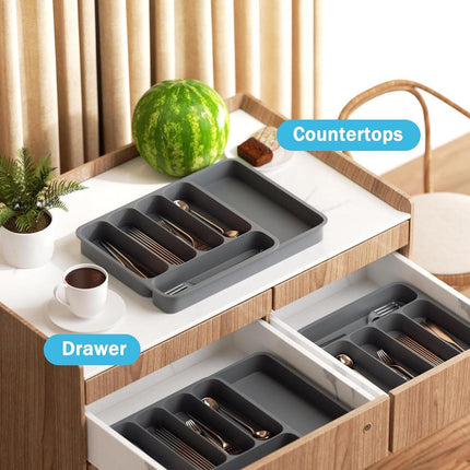 Expandable Cutlery Drawer Organizer Adjustable 6 Slot Kitchen Utensil Tray - Grey.
