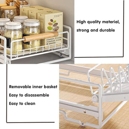 Pull Out Kitchen Storage Rack Basket Drawer Dish Organizer Slide Cabinet Shelf - White.