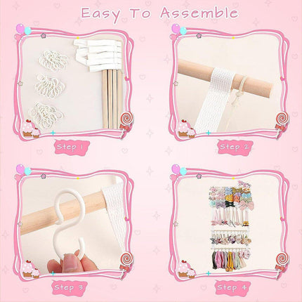 4 Tier Wooden Hair Clip Organizer Hanging Rack for Hair Clips and Ties Storage.