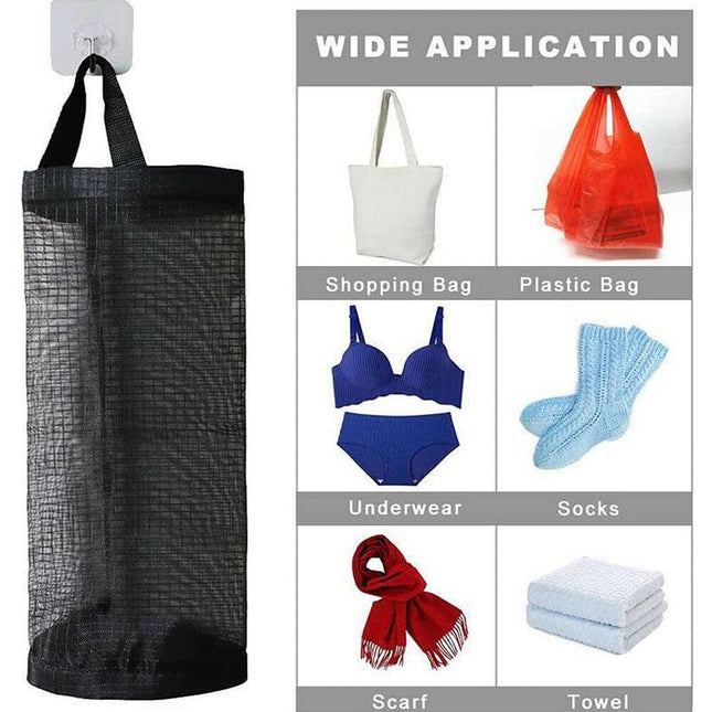 Hanging Mesh Bag Organizer Dispenser for Plastic or Trash Bags Storage Holder - Black.