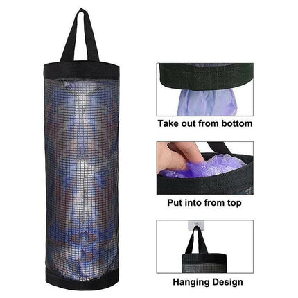 Hanging Mesh Bag Organizer Dispenser for Plastic or Trash Bags Storage Holder - Grey.