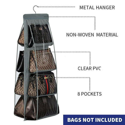 8 Pocket Double-sided Bag Handbag Storage Holder Hanging Organizer Shelf - Grey.