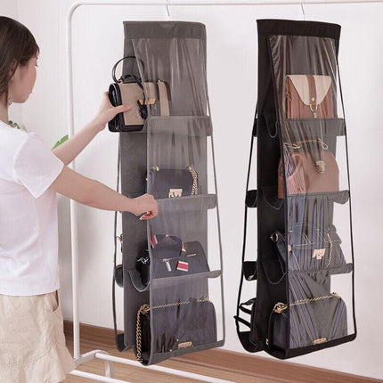 8 Pocket Double-sided Bag Handbag Storage Holder Hanging Organizer Shelf - Grey.