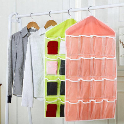 16 Pockets Hanging Wardrobe Storage Organizer Bag for Socks and Underwear - Pink.