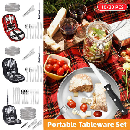 10/20PCS Camping Cutlery Set Outdoor Picnic Utensils Plates Spoons Forks Knives - Black-2 People.