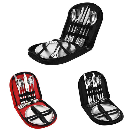 10/20PCS Camping Cutlery Set Outdoor Picnic Utensils Plates Spoons Forks Knives - Black-2 People.
