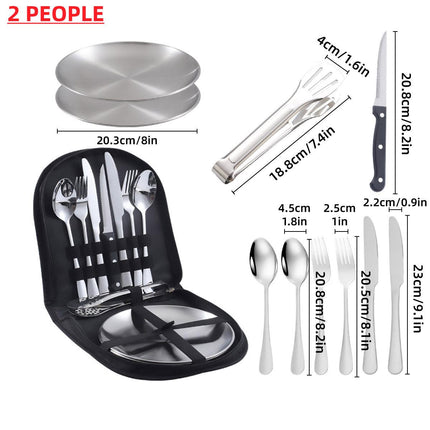 10/20PCS Camping Cutlery Set Outdoor Picnic Utensils Plates Spoons Forks Knives - Black-2 People.