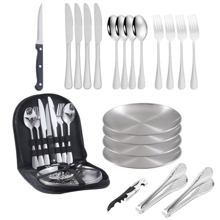 10/20PCS Camping Cutlery Set Outdoor Picnic Utensils Plates Spoons Forks Knives - Black-2 People.