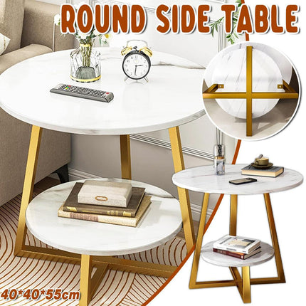 Round Side Table 2 Tier White Nightstand Coffee Sofa End Table Marble Design.