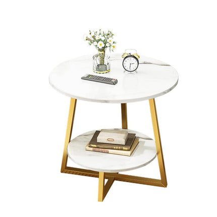 Round Side Table 2 Tier White Nightstand Coffee Sofa End Table Marble Design.