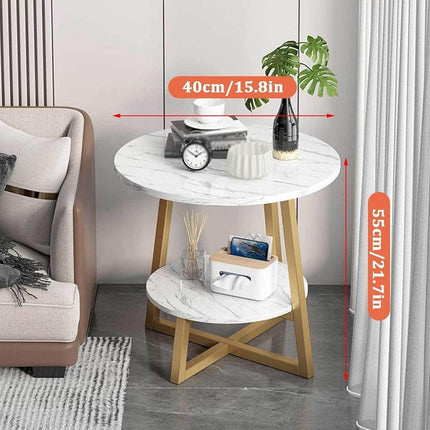 Round Side Table 2 Tier White Nightstand Coffee Sofa End Table Marble Design.