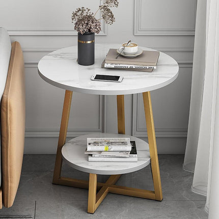 Round Side Table 2 Tier White Nightstand Coffee Sofa End Table Marble Design.