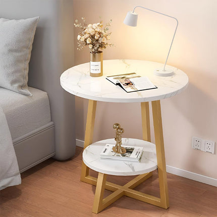 Round Side Table 2 Tier White Nightstand Coffee Sofa End Table Marble Design.