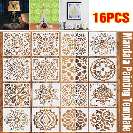 16 Pack Mandala Painting Stencils Drawing Dot Templates For Floor Wall DIY Decor.
