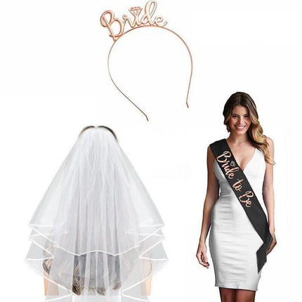 Bride To Be Hen Veil Sash Tiara Hens Night Bridal Shower Kitchen Tea Accessories - Rose Gold Tiara.