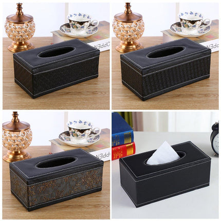 High-End PU Leather Tissue Box Holder for Hotel Home Office Decor Elegant Design - Black Woven Pattern.