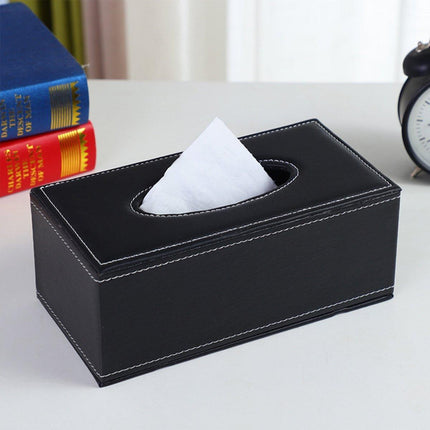 High-End PU Leather Tissue Box Holder for Hotel Home Office Decor Elegant Design - Black Woven Pattern.