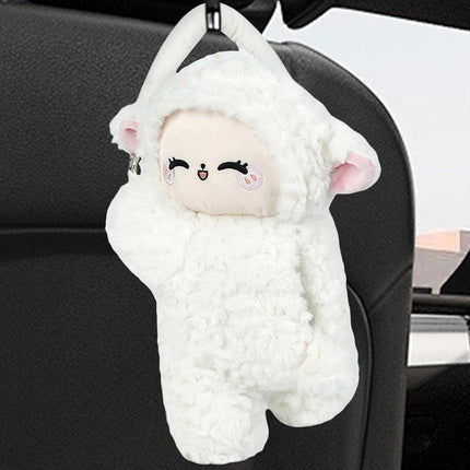 Car Tissue Box Multifunctional Hanging Drawer Box Cartoon Plush Sheep Design.