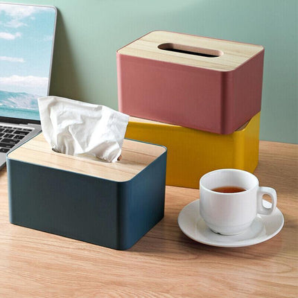 Wooden Lid Tissue Storage Box Dispenser for Napkins Desk Paper Holder Organiser - Blue.