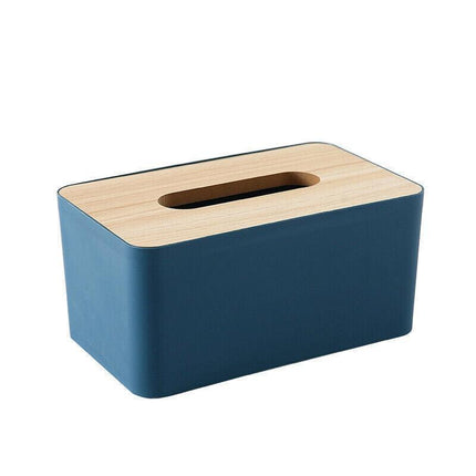 Wooden Lid Tissue Storage Box Dispenser for Napkins Desk Paper Holder Organiser - Blue.