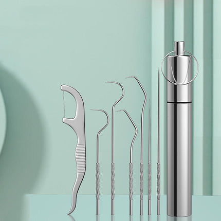 8Pcs Stainless Steel Toothpick Set Metal Flossing Portable Toothpick Box Holder.