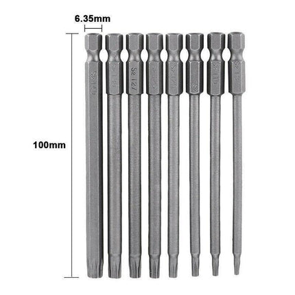 8PCS T8 to T40 Torx Screwdriver Bit Set 100mm S2 Steel Hex Tip Head.
