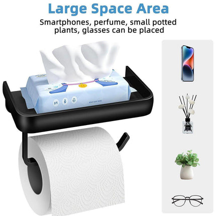 Wall Mounted Aluminum Toilet Paper Holder Non-perforated Tissue Cell Phone Shelf - Black.