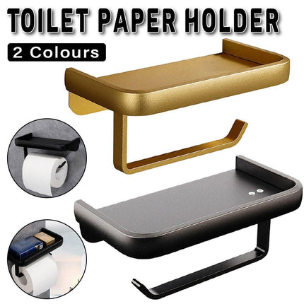 Wall Mounted Aluminum Toilet Paper Holder Non-perforated Tissue Cell Phone Shelf - Golden.