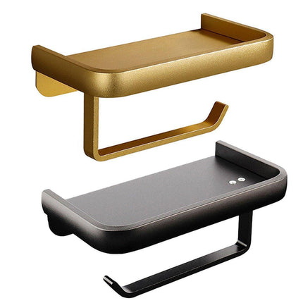 Wall Mounted Aluminum Toilet Paper Holder Non-perforated Tissue Cell Phone Shelf - Golden.