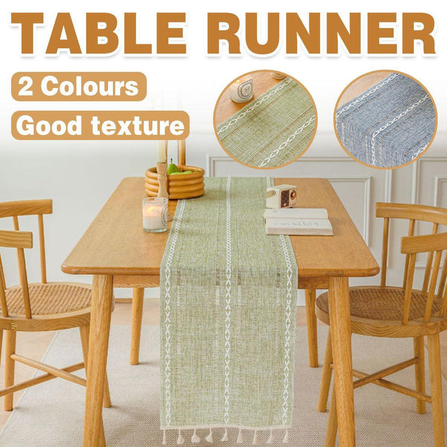Solid Colour Woven Hollow Fringe Table Runner Home Dining Tablecloth Decoration - 33x183cm-Green.
