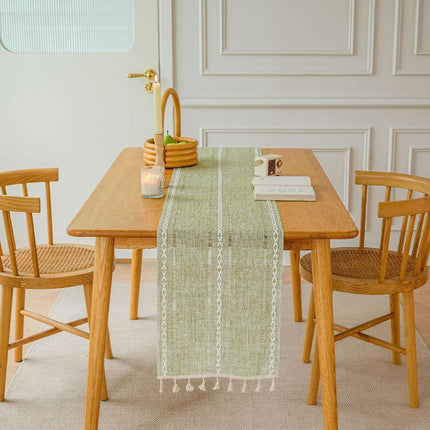 Solid Colour Woven Hollow Fringe Table Runner Home Dining Tablecloth Decoration - 33x183cm-Green.